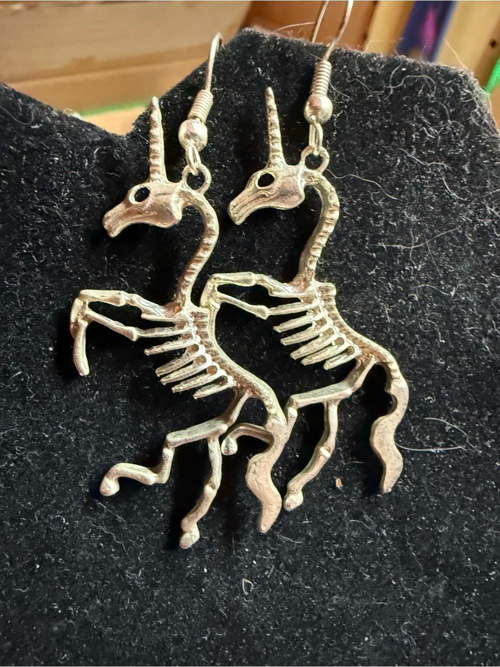 Silver-tone Skeleton Unicorn Dangle Earrings